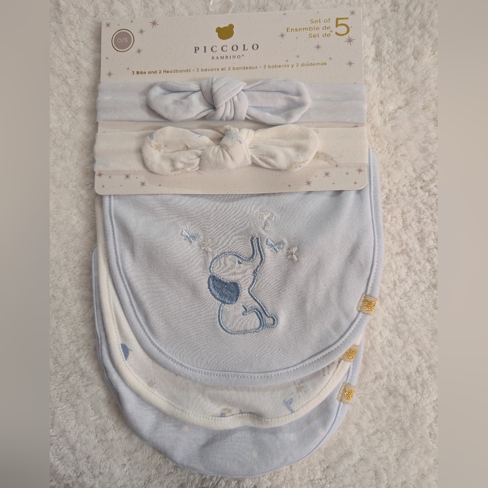 💙 Piccolo Bambino Baby Girls Bib & Headband Set 5 Piece Blue White Gift Idea